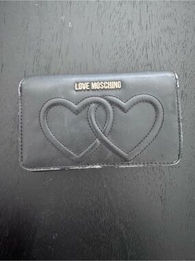 Love Moschino Black Double-Heart wallet with Gold Logo